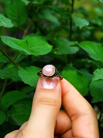 Doğal Taş Yuvarlak Pembe Kuvars Doğal Taşlı Kadın Ayarlanabilir Yüzük euy35pk