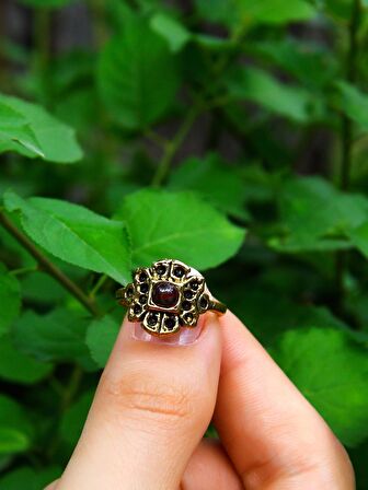 Doğal Taş Lal (Granat Garnet) Minimal Doğal Taşlı Antik Ayarlanabilir Kadın Yüzük euy37l
