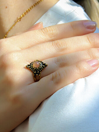 Doğal Taş Pembe Kuvars Minimal Doğal Taşlı Kadın Antik Ayarlanabilir Yüzük euy58pk