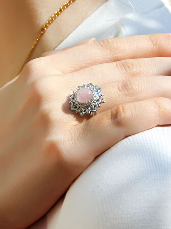 Doğal Taş Pembe Kuvars Doğal Taşlı Telkari Model  Kadın Ayarlanabilir Gümüş Kaplama Yüzük euy62pkr