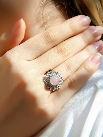 Doğal Taş Pembe Kuvars Doğal Taşlı Telkari Model  Kadın Ayarlanabilir Gümüş Kaplama Yüzük euy62pkr