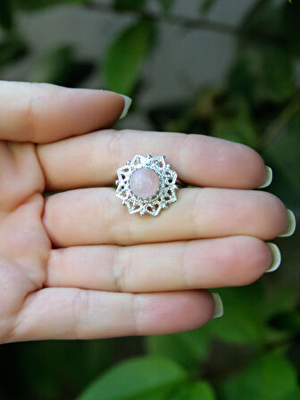 Doğal Taş Pembe Kuvars Doğal Taşlı Telkari Model  Kadın Ayarlanabilir Gümüş Kaplama Yüzük euy62pkr