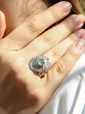 Doğal Taş Yeşil Akik Doğal Taşlı Telkari Modelli Kadın Ayarlanabilir Gümüş Kaplama Yüzük euy65yar