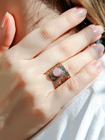 Doğal Taş Pembe Kuvars Doğal Taşlı Ayarlanabilir Antik Kadın Yüzük euy68pk