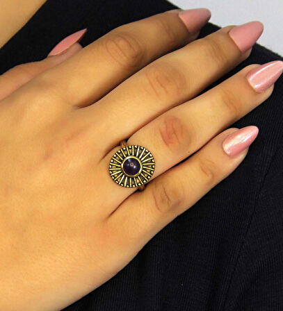 Doğal Taş Ametist Yuvarlak Doğal Taşlı Antik Model Kadın Ayarlanabillir Yüzük euy70amt