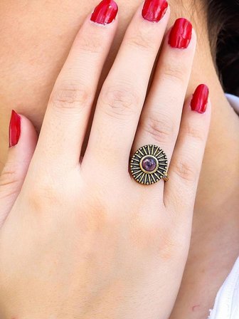 Doğal Taş Ametist Yuvarlak Doğal Taşlı Antik Model Kadın Ayarlanabillir Yüzük euy70amt