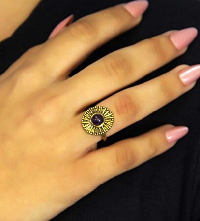 Doğal Taş Ametist Yuvarlak Doğal Taşlı Antik Model Kadın Ayarlanabillir Yüzük euy70amt