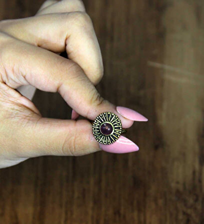 Doğal Taş Ametist Yuvarlak Doğal Taşlı Antik Model Kadın Ayarlanabillir Yüzük euy70amt