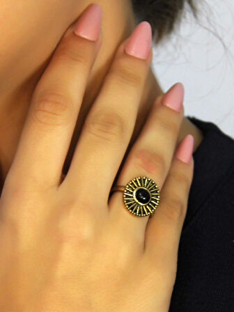 Doğal Taş Oniks Yuvarlak Doğal Taşlı Antik Model Kadın Ayarlanabillir Yüzük euy70o