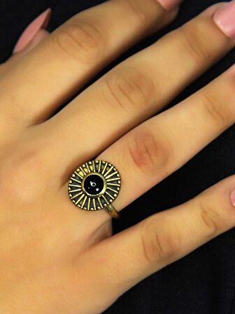 Doğal Taş Oniks Yuvarlak Doğal Taşlı Antik Model Kadın Ayarlanabillir Yüzük euy70o