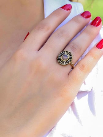 Doğal Taş Pembe Kuvars Yuvarlak Doğal Taşlı Antik Model Kadın Ayarlanabillir Yüzük euy70pk
