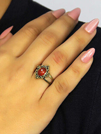 Doğal Taş Akik Yuvarlak Doğal Taşlı Antik Model Kadın Ayarlanabillir Yüzük euy71a