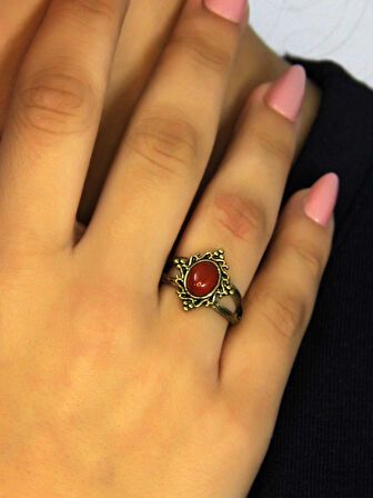 Doğal Taş Akik Yuvarlak Doğal Taşlı Antik Model Kadın Ayarlanabillir Yüzük euy71a