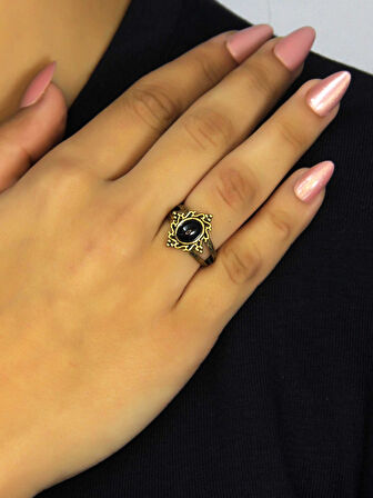 Doğal Taş Oniks Doğal Taşlı Antik Model Kadın Ayarlanabillir Yüzük euy71o