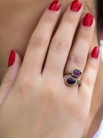 Doğal Taş Ametist İkili Doğal Taşlı Antik Model Kadın Ayarlanabillir Yüzük euy75amt