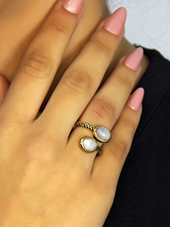 Doğal Taş Aytaşı İkili Doğal Taşlı Antik Model Kadın Ayarlanabillir Yüzük euy75ay