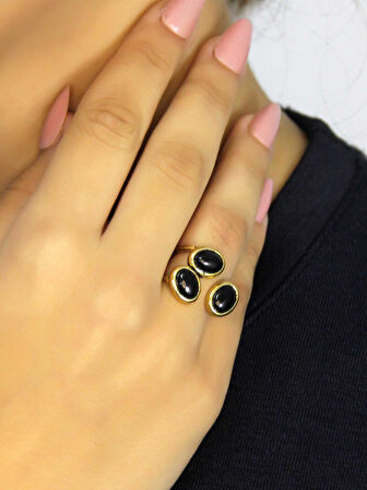 Doğal Taş Oniks Üçlü Doğal Taşlı Antik Model Kadın Ayarlanabillir Yüzük euy76o