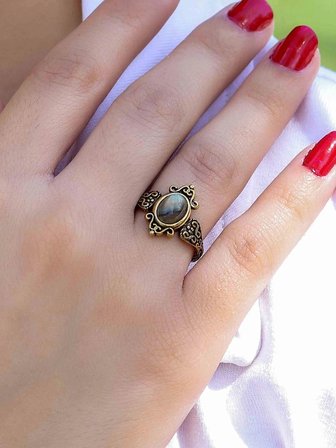 Doğal Taş Labradorit Doğal Taşlı Antik Model Kadın Ayarlanabillir Yüzük euy78lbt