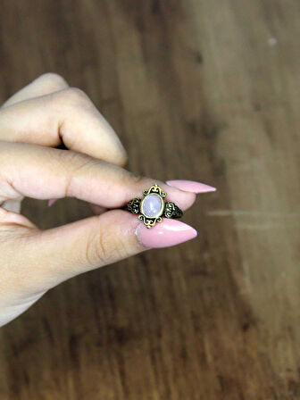 Doğal Taş Pembe Kuvars Taşlı Antik Model Kadın Ayarlanabillir Yüzük euy78pk