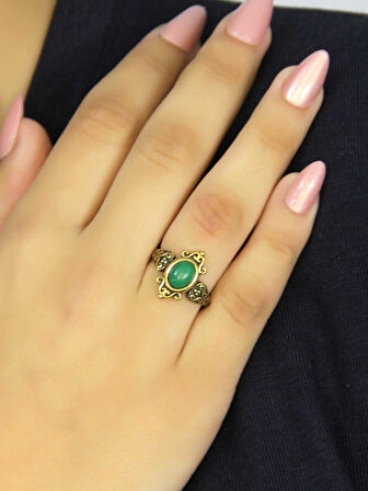 Doğal Taş Yeşil Akik Doğal Taşlı Antik Model Kadın Ayarlanabillir Yüzük euy78ya