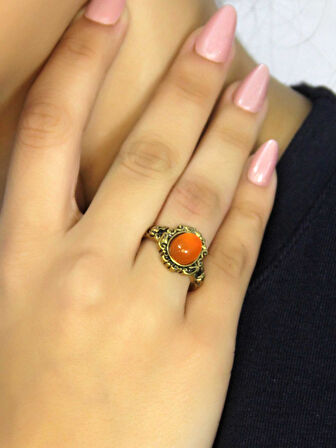 Doğal Taş Akik Yuvarlak Doğal Taşlı Antik Model Kadın Ayarlanabillir Yüzük euy80a