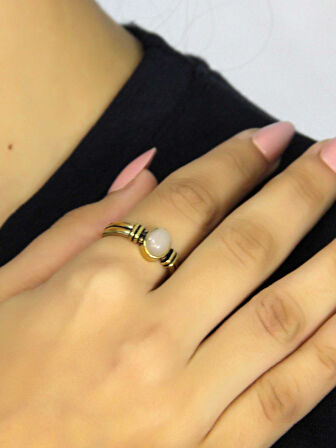 Doğal Taş Pembe Kuvars Taşlı Antik Model Kadın Ayarlanabillir Yüzük euy81pk