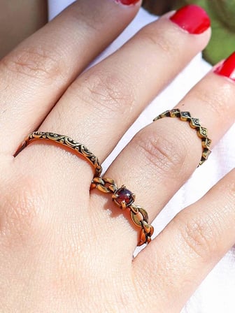 Doğal Taşlı 3'lü Garnet (Lal) Doğal Taşlı Zincir Modelli Kadın Ayarlanabilir Yüzük Seti euy83