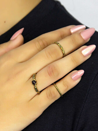 Doğal Taşlı 3'lü Garnet (Lal) Doğal Taşlı Antik Modelli Kadın Ayarlanabilir Yüzük Seti euy84