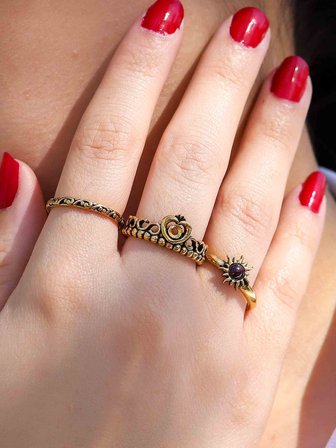 Doğal Taşlı 3'lü Garnet (Lal) Doğal Taşlı Güneş Modelli Kadın Ayarlanabilir Yüzük Seti euy85