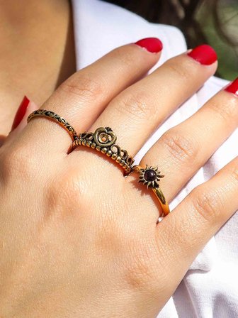 Doğal Taşlı 3'lü Garnet (Lal) Doğal Taşlı Güneş Modelli Kadın Ayarlanabilir Yüzük Seti euy85