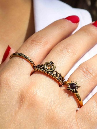 Doğal Taşlı 3'lü Garnet (Lal) Doğal Taşlı Güneş Modelli Kadın Ayarlanabilir Yüzük Seti euy85