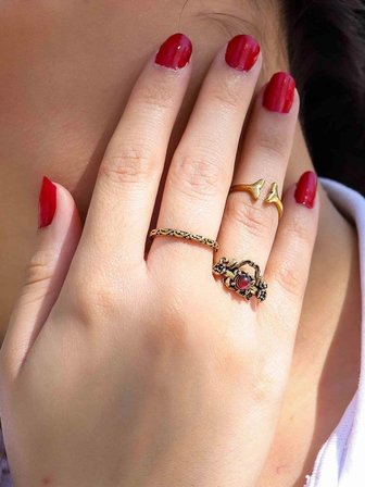 Doğal Taşlı 3'lü Garnet (Lal) Doğal Taşlı Antik Modelli Kadın Ayarlanabilir Yüzük Seti euy86