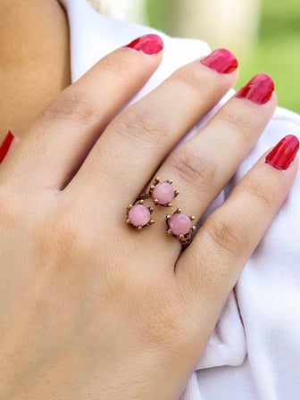 Doğal Taş Pembe Kuvars 3'lü Doğal Taşlı Antik Model Kadın Ayarlanabillir Yüzük euy88pk