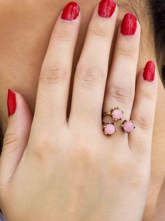 Doğal Taş Pembe Kuvars 3'lü Doğal Taşlı Antik Model Kadın Ayarlanabillir Yüzük euy88pk