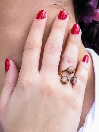 Doğal Taş Pembe Kuvars 3'lü Doğal Taşlı Antik Model Kadın Ayarlanabillir Yüzük euy89pk