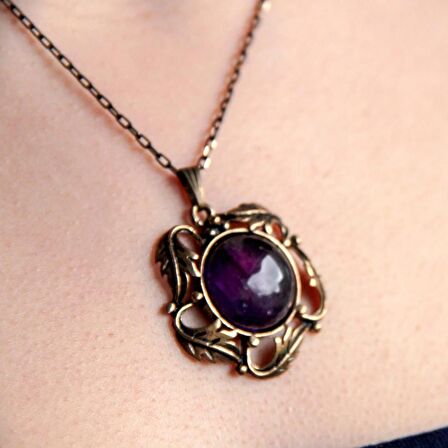 Doğal Taş Ametist Doğal Taşlı Otantik Kadın Yuvarlak Kolye 45 Cm Zincirli