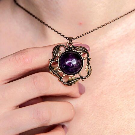 Doğal Taş Ametist Doğal Taşlı Otantik Kadın Yuvarlak Kolye 45 Cm Zincirli