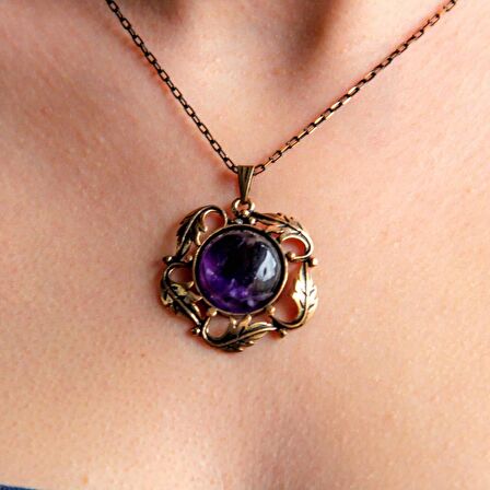 Doğal Taş Ametist Doğal Taşlı Otantik Kadın Yuvarlak Kolye 45 Cm Zincirli