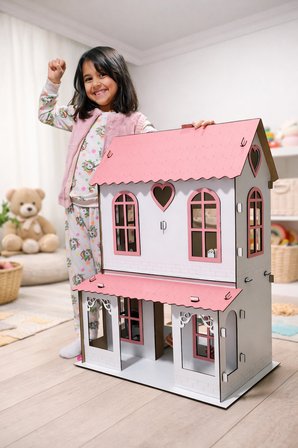 Ahşap Oyuncak Oyun Evi – Eğlenceli ve Eğitici Tasarım Pembe-Beyaz