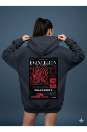 Lenithra Evangelion Sırt Baskılı Unisex Oversize Hoodie Füme / 2XL