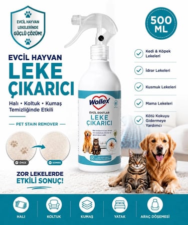  Evcil Hayvan Leke Çıkarıcı 500 ML | Kedi & Köpek İdrar, Kusmuk, Mama Lekesi ve Koku Giderici | Halı, Koltuk, Kumaş 