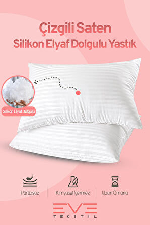 4 Adet Çizgili Saten Fermuarlı Antialerjik Yıkanabilir Silikon Elyaf Yüksek Dolgulu Yastık 900 gr