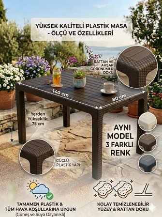EVKO MOBİLYA Rattan 80x140 Masa, Plastik Masa, Bahçe  Balkon  Teras Masası, Kare Masa, Dış Mekan Masası