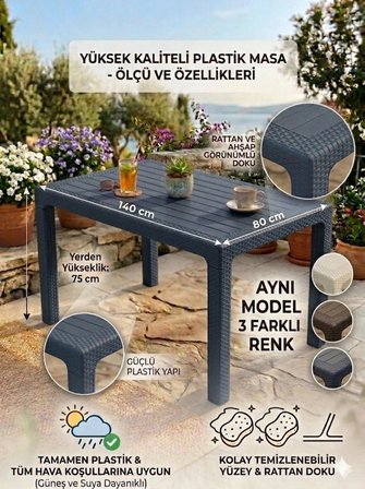 EVKO MOBİLYA Rattan 80x140 Masa, Plastik Masa, Bahçe  Balkon  Teras Masası, Kare Masa, Dış Mekan Masası
