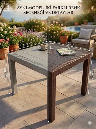 EVKO MOBİLYA Rattan 90x90 Masa, Plastik Masa, Bahçe  Balkon  Teras Masası, Kare Masa, Dış Mekan Masası