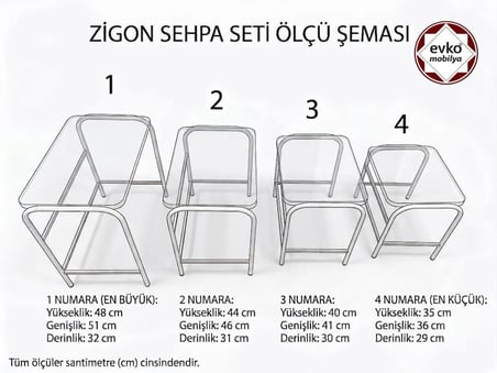 Evko Mobilya Buket Sehpa, 4'lü Zigon Sehpa, Servis Sehpası, Iç Içe Geçen Sehpa, Ahşap Sehpa, Dikdörtgen Sehpa