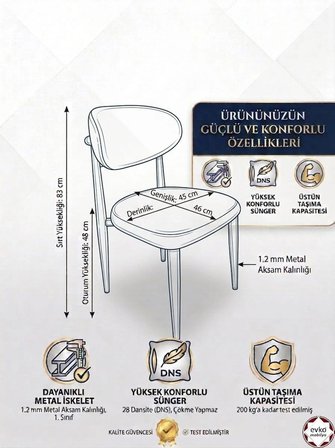EVKO MOBİLYA İnci Sandalye, Mutfak Salon Sandalyesi, 2 Adet Sandalye, Metal Sandalye, Yemek Sandalyesi, Otel Cafe Restoran Sandalyesi