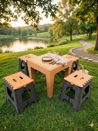 EVKO MOBİLYA Kamp Seti, Piknik Seti, Masa Tabure Seti, Portatif Set, Plastik Katlanabilir Set, 4 + 1 Set