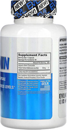 EVLution Nutrition Apigenin Papatya Çiçeği Ekstresinden Healthy Stress Levels Prostate 50 mg 30 Veggie Caps