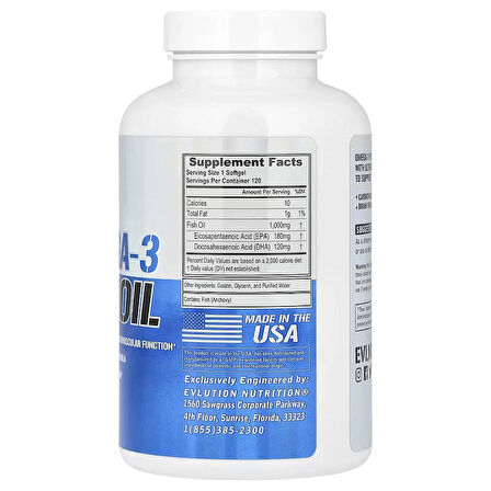 Evlution Nutrition Triple Strength Omega 3 Fish Oil EPA DHA Supports Brain 120 Softgels